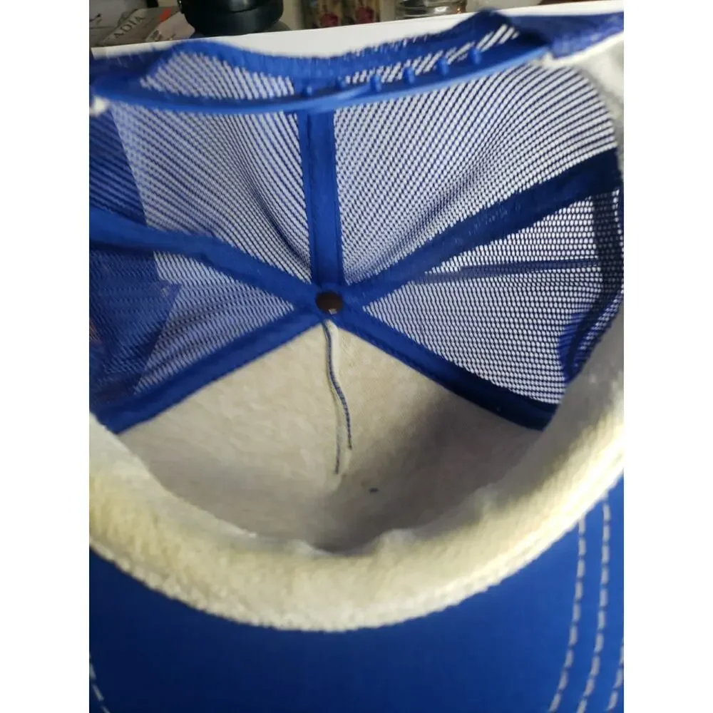 Vintage Three Stripe Trucker Hat USA Mesh 70s 80s Blue Metal SnapBack